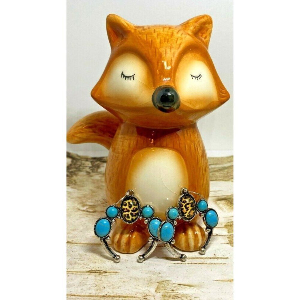 Tribal Horseshoe Leopard Cabochon Turquoise Charms Wire Earrings Southwestern - Picture 6 of 8